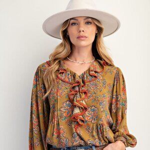 EASEL Floral Printed Gauze Blouse Top - Martini Olive